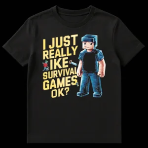 I Just Really Like Survival Games OK? T-Shirt featuring a blocky pixel art character, a pixelated sword, and a zombie replacing the 'L' in 'LIKE'. on Black t-shirt