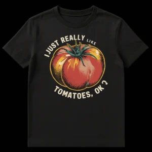 Vintage distressed tomato t-shirt with text 'I JUST REALLY LIKE TOMATOES, OK ?' on Black t-shirt
