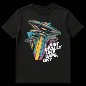 Neo-Retro Sci-Fi Pop Art T-shirt with 'I JUST REALLY LIKE UAPS, OK?' text and neon flying saucers over a dark cityscape. on Black t-shirt