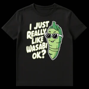 I Just Really Like Wasabi OK T-Shirt featuring a cool cartoon wasabi character with sunglasses and text on a black background. on Black t-shirt