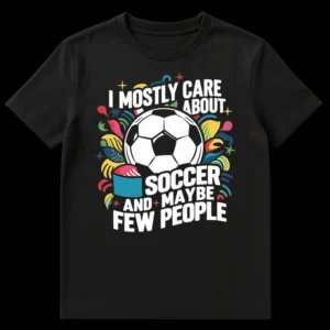 Funny soccer t-shirt with 'I MOSTLY CARE ABOUT SOCCER AND MAYBE FEW PEOPLE' text, featuring a soccer ball and colorful abstract doodles on a black background. on Black t-shirt