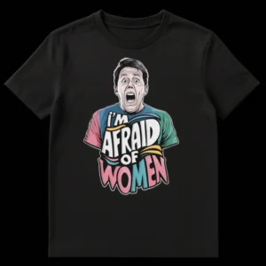 Humorous 'I'M AFRAID OF WOMEN' t-shirt with comic art of a terrified man. on Black t-shirt