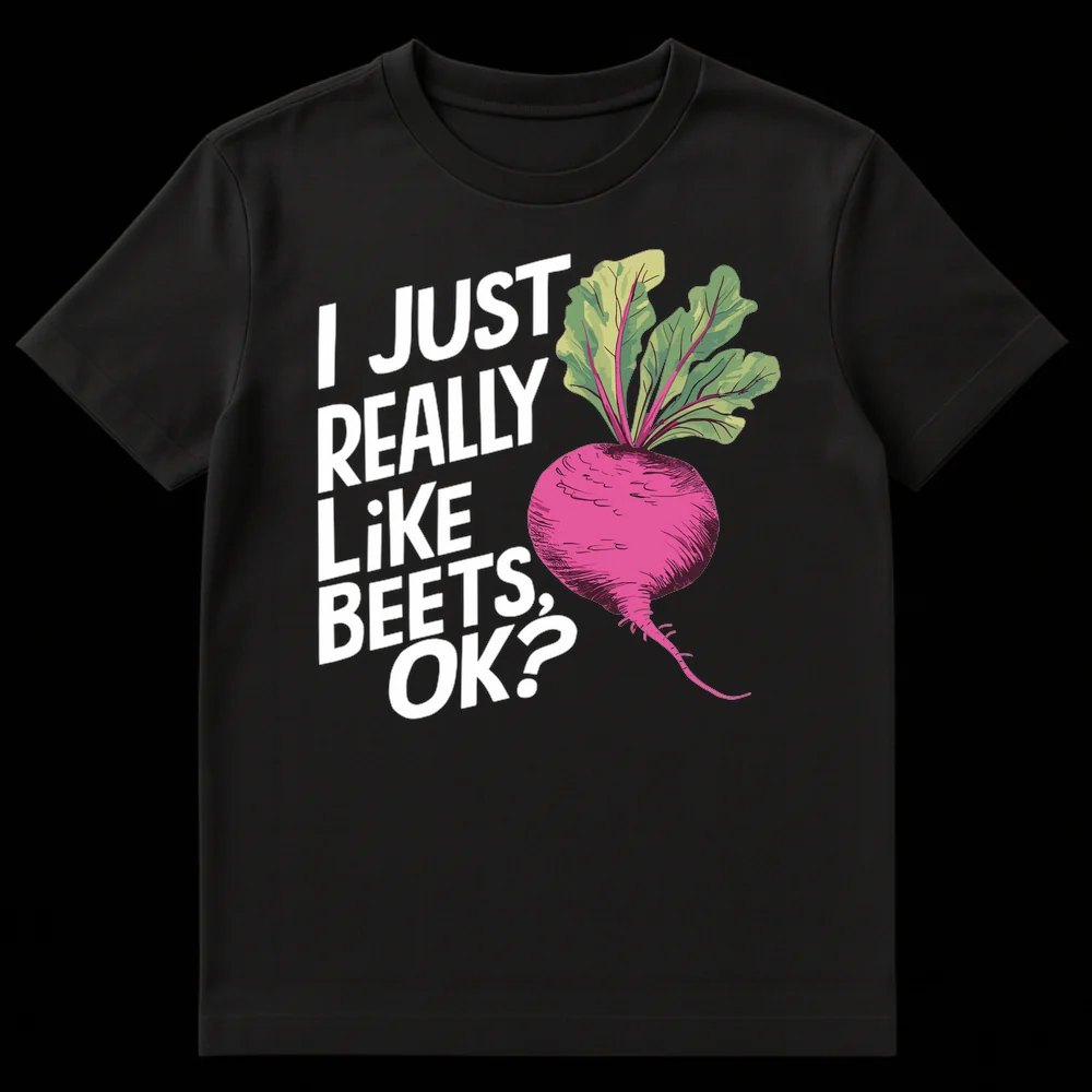 Black t-shirt with 'I JUST REALLY LiKE BEETS, OK?' text and a vibrant magenta and green beet illustration on Black t-shirt