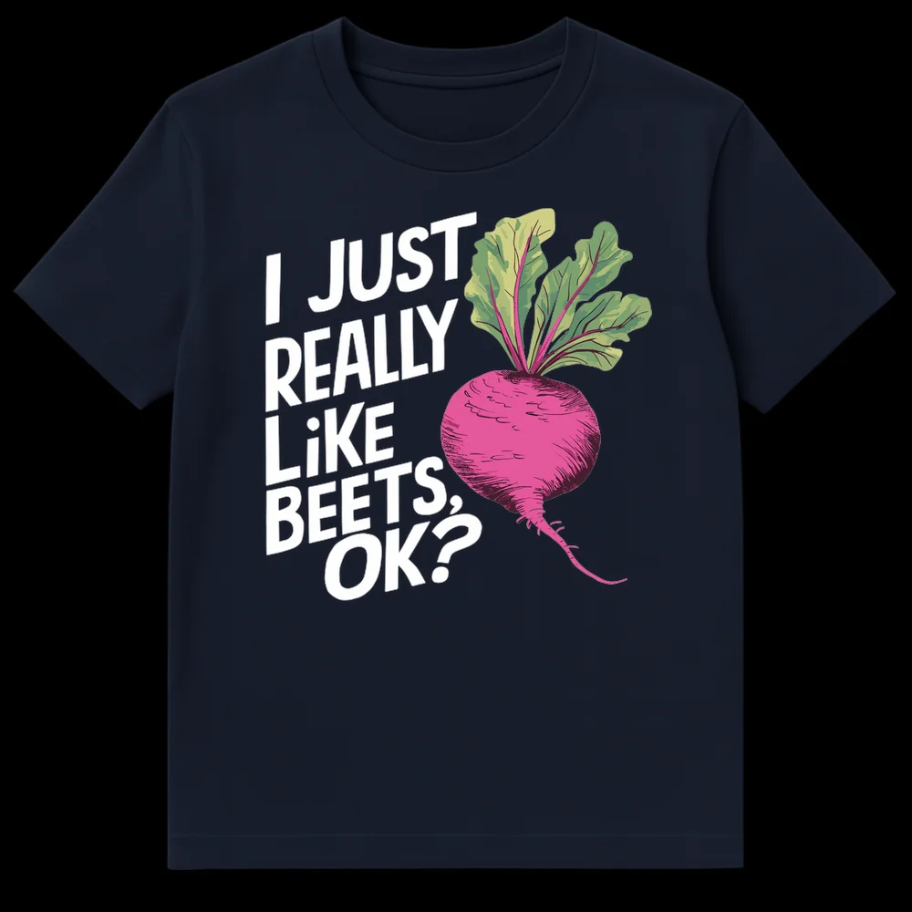 Black t-shirt with 'I JUST REALLY LiKE BEETS, OK?' text and a vibrant magenta and green beet illustration on Navy Blue t-shirt