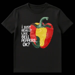 T-shirt with a textured illustration of a red, yellow, and green bell pepper and the text 'i JUST REALLY LIKE BELL PEPPERS,” OK?' on a black background. on Black t-shirt