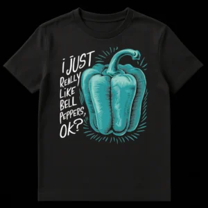 Humorous Bell Pepper T-Shirt with text 'i JUST REALLY LIKE BELL PEPPERS, OK?' in white, featuring a teal woodcut style bell pepper on a black background on Black t-shirt