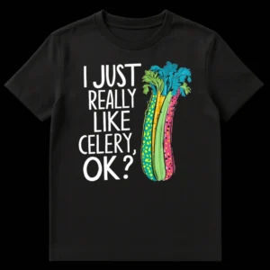 Retro-style t-shirt with colorful celery stalks and text "I JUST REALLY LIKE CELERY, OK?" on a black background. on Black t-shirt
