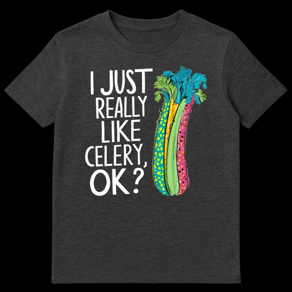 Retro-style t-shirt with colorful celery stalks and text "I JUST REALLY LIKE CELERY, OK?" on a black background. on Dark Heather t-shirt