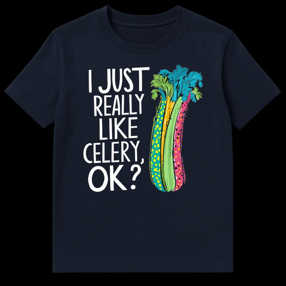 Retro-style t-shirt with colorful celery stalks and text "I JUST REALLY LIKE CELERY, OK?" on a black background. on Navy Blue t-shirt