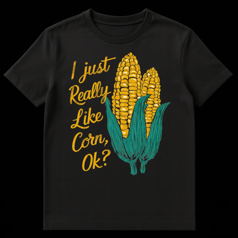Humorous black t-shirt with retro-style illustration of two ears of corn and text 'I just Really Like Corn, Ok?' in gold and teal. on Black t-shirt