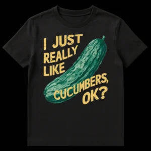 Vintage-style t-shirt featuring a distressed graphic of a cucumber and the text 'I JUST REALLY LIKE CUCUMBERS, OK?' in muted gold. on Black t-shirt
