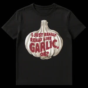 Humorous black t-shirt with hand-drawn garlic bulb illustration and text 'I JUST REALLY REALLY LIKE GARLIC. OK?' in muted red. on Black t-shirt