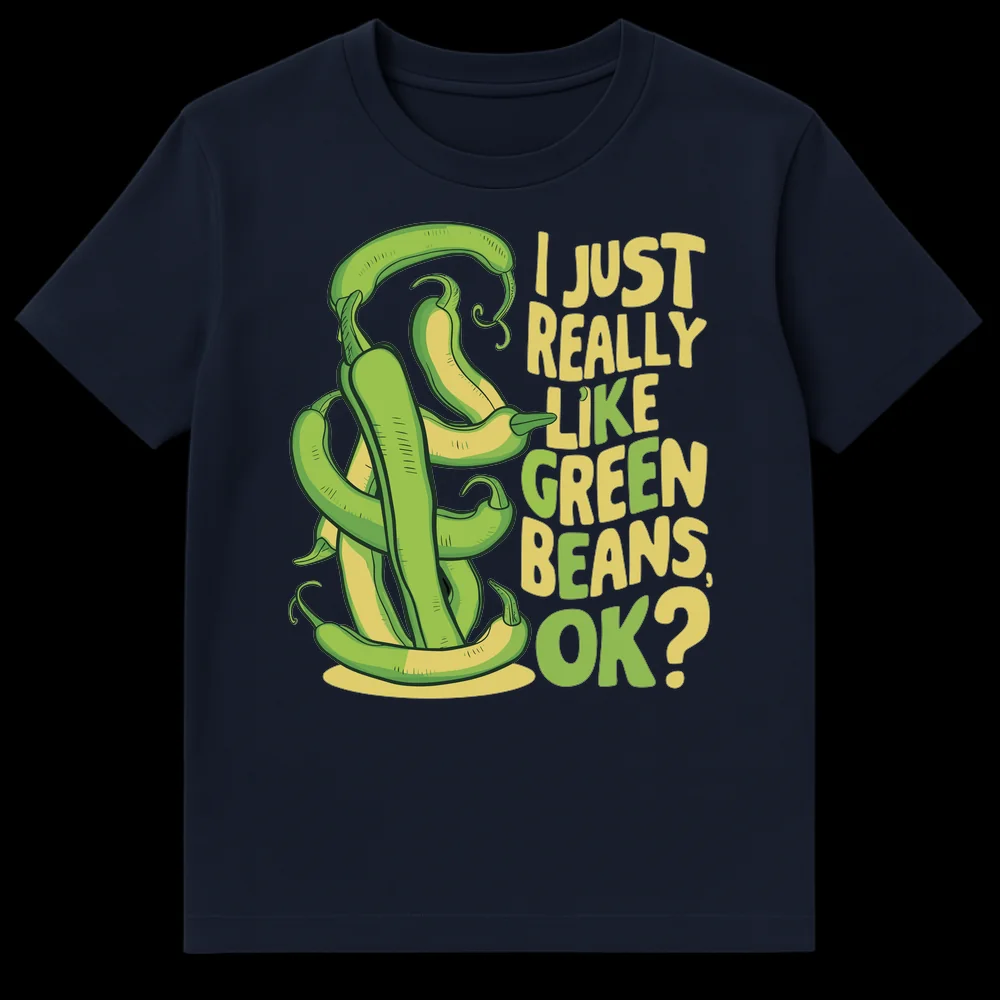 Cartoon green beans t-shirt with text 'I JUST REALLY LIKE GREEN BEANS, OK?' on Navy Blue t-shirt