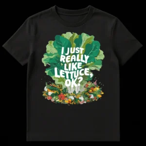 I Just Really Like Lettuce OK T-Shirt with large lettuce illustration and vegetable scraps on Black t-shirt