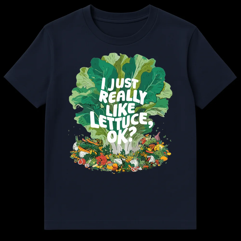 I Just Really Like Lettuce OK T-Shirt with large lettuce illustration and vegetable scraps on Navy Blue t-shirt
