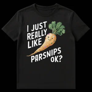 I Just Really Like Parsnips OK? T-Shirt featuring a cute, smiling anthropomorphic parsnip with polka dots, set against a black background. on Black t-shirt