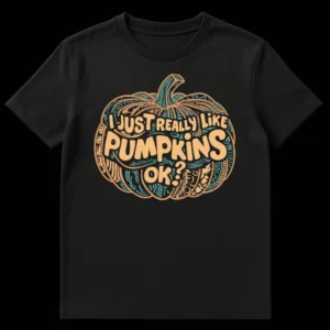 I Just Really Like Pumpkins OK? T-Shirt - Ornate Folk Art Pumpkin Design in Orange and Teal on Black Tee on Black t-shirt