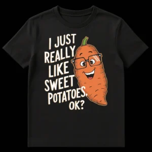Humorous t-shirt design with a cartoon sweet potato wearing glasses and text 'I JUST REALLY LIKE SWEET POTATOES. OK?' on a black background on Black t-shirt