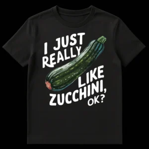 Humorous black t-shirt with a green zucchini illustration and white text "I JUST REALLY LIKE ZUCCHINI, OK?" on Black t-shirt