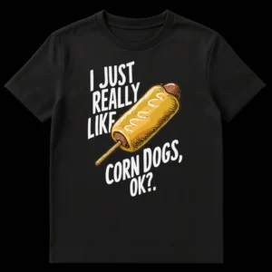 Black t-shirt with a vintage comic style illustration of a corn dog on a stick, and white text that reads 'I JUST REALLY LIKE CORN DOGS, OK?' on Black t-shirt