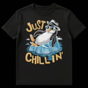Humorous "Just Chillin'" t-shirt with a stylized penguin wearing sunglasses and a fedora, relaxing on icebergs in water. on Black t-shirt