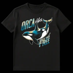 Orca vibes Wild and Free t-shirt with stylized killer whale graphic in blue and green on a black shirt on Black t-shirt