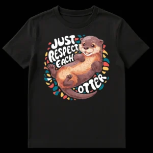 Cute black t-shirt with a cartoon otter and the text "Just Respect Each Otter" in white, surrounded by colorful abstract shapes. on Black t-shirt