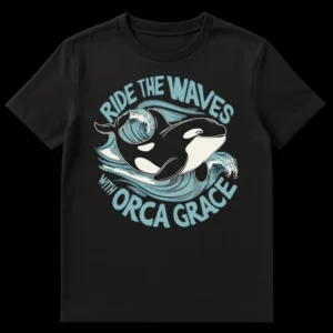 Orca riding ocean waves t-shirt with text 'Ride the Waves With Orca Grace' in blue and white on black background on Black t-shirt