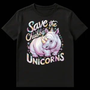Save the Chubby Unicorns t-shirt with a pastel watercolor baby rhino-unicorn on a black background on Black t-shirt