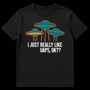 Black t-shirt with orange, teal, and white graphic of three flying saucers above white text 'I JUST REALLY LIKE UAPS, OK??' on Black t-shirt