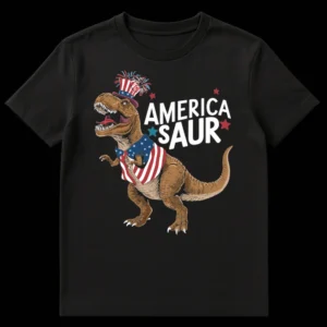 Patriotic T-Rex T-shirt with 'AMERICA SAUR' text for Independence Day celebration on Black t-shirt