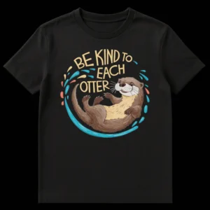 Cartoon sea otter t-shirt with 'Be Kind to Each Otter' text on a black background on Black t-shirt