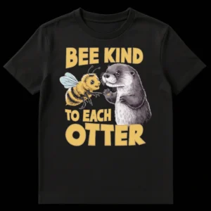 Cute cartoon t-shirt with a bee and an otter, and the text 'BEE KIND TO EACH OTTER' in yellow. on Black t-shirt