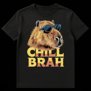 Capybara Chill Brah T-Shirt with sunglasses and distressed text on Black t-shirt