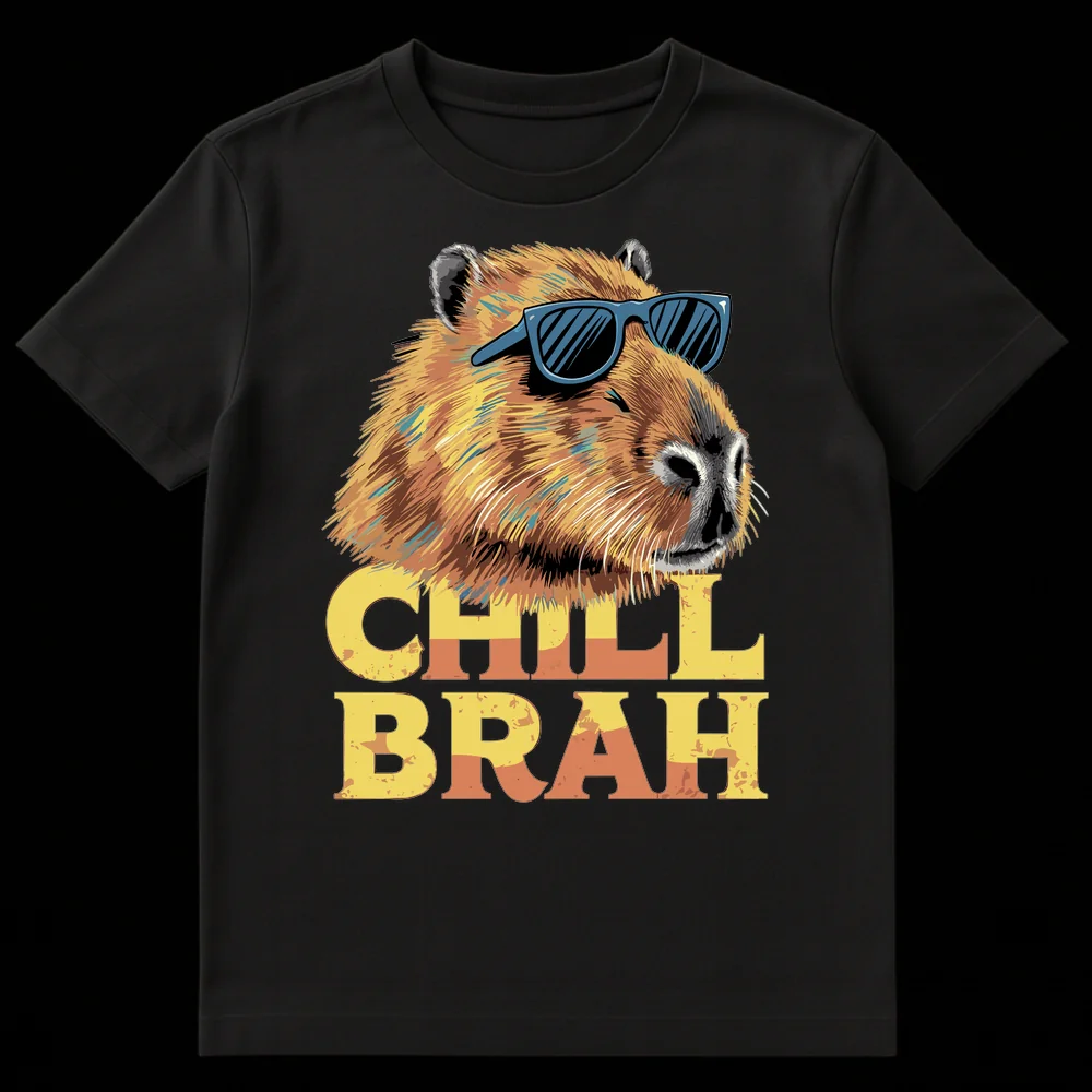 Capybara Chill Brah T-Shirt with sunglasses and distressed text on Black t-shirt