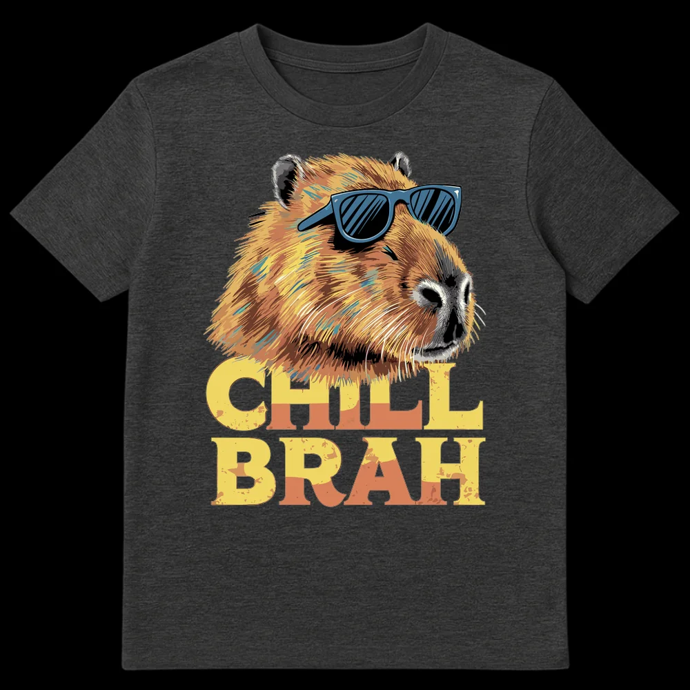 Capybara Chill Brah T-Shirt with sunglasses and distressed text on Dark Heather t-shirt