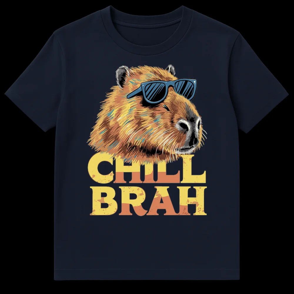 Capybara Chill Brah T-Shirt with sunglasses and distressed text on Navy Blue t-shirt