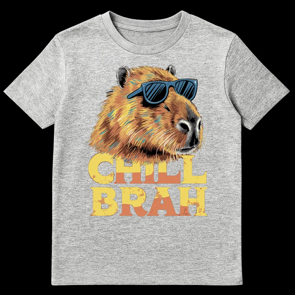 Capybara Chill Brah T-Shirt with sunglasses and distressed text on Sports Grey t-shirt