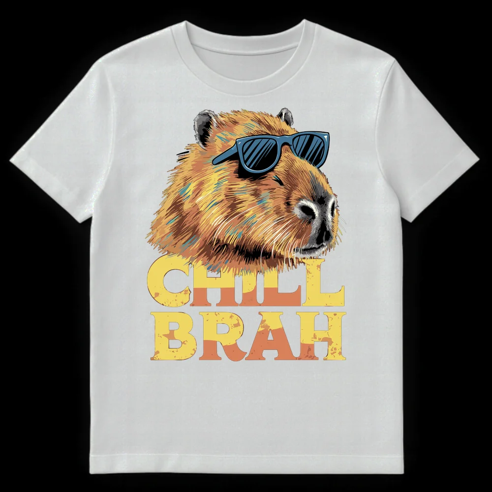 Capybara Chill Brah T-Shirt with sunglasses and distressed text on White t-shirt