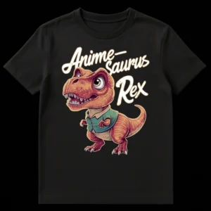 Anime-Saurus Rex T-Shirt featuring a cute chibi T-Rex wearing a collared shirt on Black t-shirt