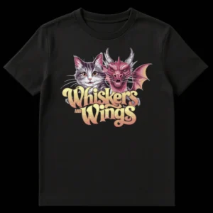 Whiskers AND Wings t-shirt featuring a stylized grey cat and a red dragon, text in groovy bubble letters. on Black t-shirt