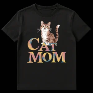 Black t-shirt with a detailed illustration of a tabby cat sitting above the words "CAT MOM" in distressed, multi-colored font. on Black t-shirt