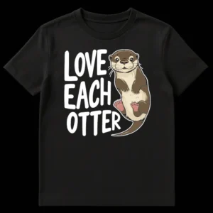 Cute black t-shirt with 'LOVE EACH OTTER' text and a happy cartoon otter illustration on Black t-shirt