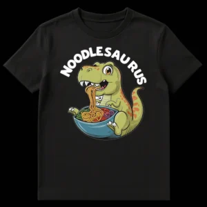 Noodlessaurus T-Shirt with a cartoon green T-Rex dinosaur happily slurping yellow noodles from a blue bowl on a black background. on Black t-shirt