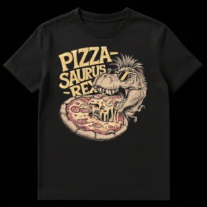 Pizzasaurus Rex T-Shirt with T-Rex wearing sunglasses and mohawk eating a pizza on Black t-shirt