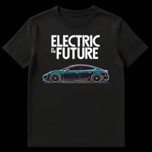 Black t-shirt with 'ELECTRIC IS THE FUTURE' text above a stylized white, teal, and magenta electric car illustration on Black t-shirt