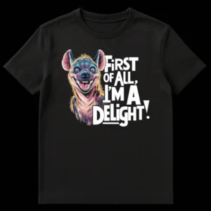 Vibrant cartoon hyena t-shirt with text 'FIRST OF ALL, I'M A DELIGHT!' on Black t-shirt