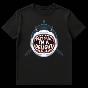 Humorous t-shirt featuring an aggressive cartoon shark with open mouth and sharp teeth, saying 'FIRST OF ALL, I'M A DELIGHT' in white text. on Black t-shirt