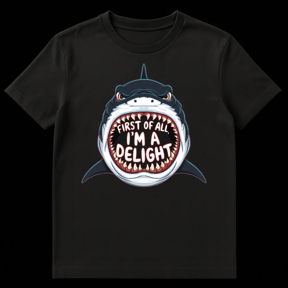 Humorous t-shirt featuring an aggressive cartoon shark with open mouth and sharp teeth, saying 'FIRST OF ALL, I'M A DELIGHT' in white text. on Black t-shirt