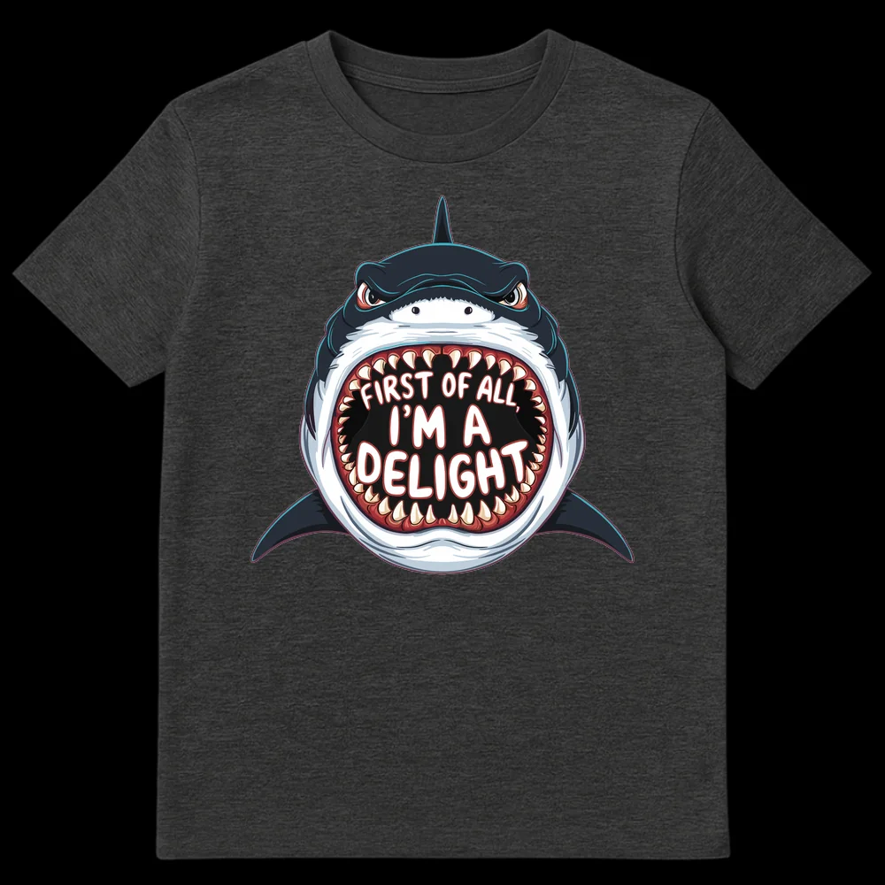Humorous t-shirt featuring an aggressive cartoon shark with open mouth and sharp teeth, saying 'FIRST OF ALL, I'M A DELIGHT' in white text. on Dark Heather t-shirt